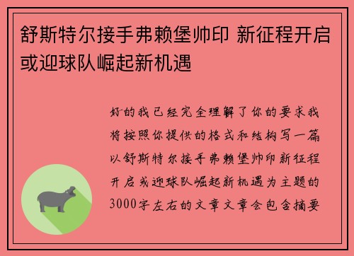舒斯特尔接手弗赖堡帅印 新征程开启或迎球队崛起新机遇 舒斯特尔接手弗赖堡帅印 新征程开启或迎球队崛起新机遇