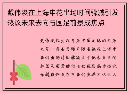 戴伟浚在上海申花出场时间骤减引发热议未来去向与国足前景成焦点