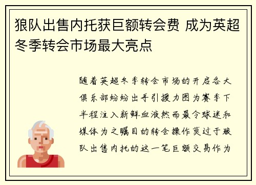 狼队出售内托获巨额转会费 成为英超冬季转会市场最大亮点